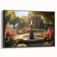 Black and white framed canvas featuring a vintage poster art style landscape with architectural and fountain elements.