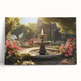 Black and white photo of an architectural fountain on large stretched canvas, ideal for kitchen wall art or bedroom ambiance.