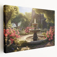 Side view of a large stretched canvas featuring a monochromatic architectural fountain design, suitable for kitchen wall art.