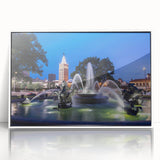 Art Deco style poster featuring an architectural fountain design in muted gray tones, framed in white acrylic.