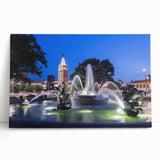 Black and white photo of an architectural fountain design on stretched canvas, ideal for kitchen wall art or bedroom.