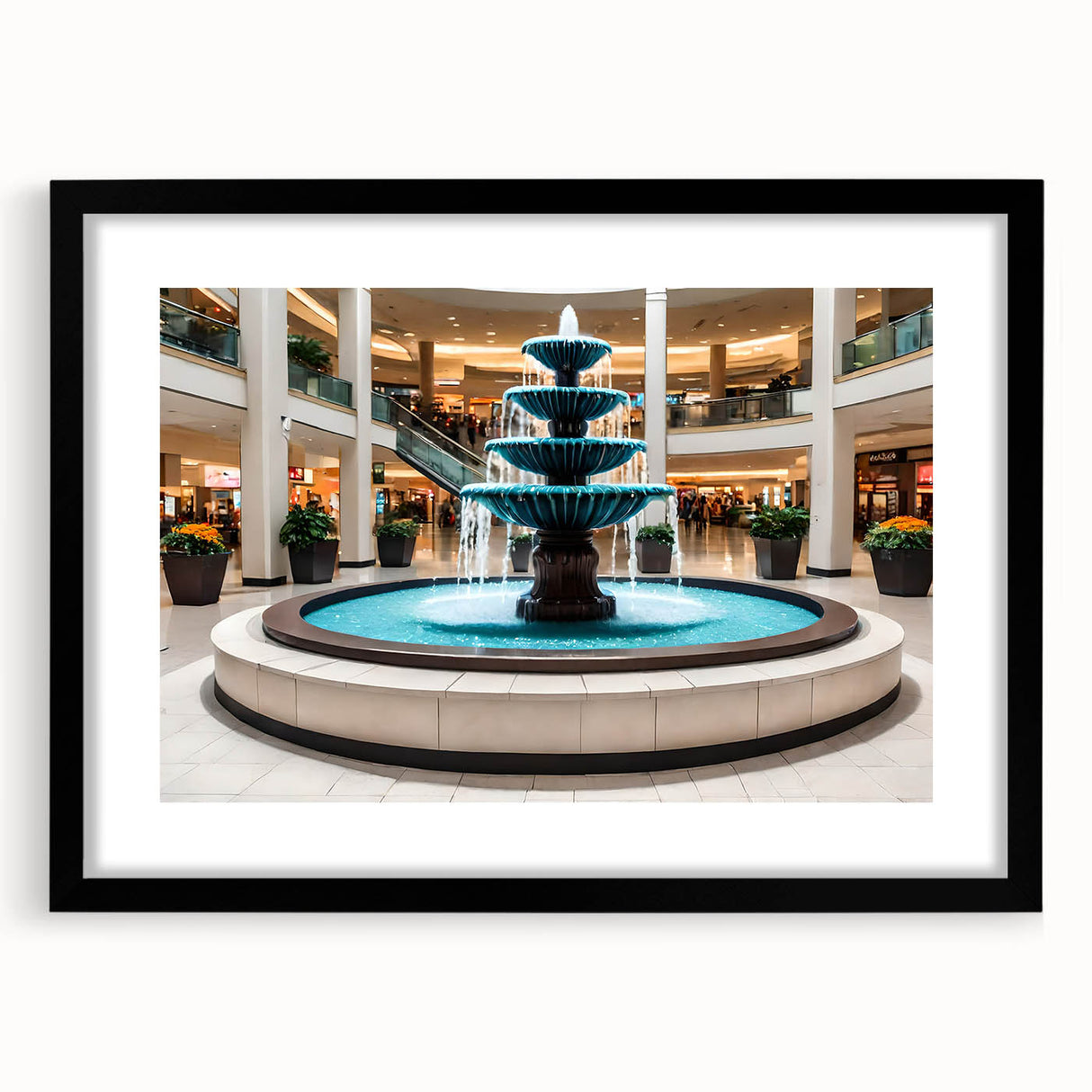 Extra large abstract art print featuring a colorful, textured fountain design on a black framed canvas.