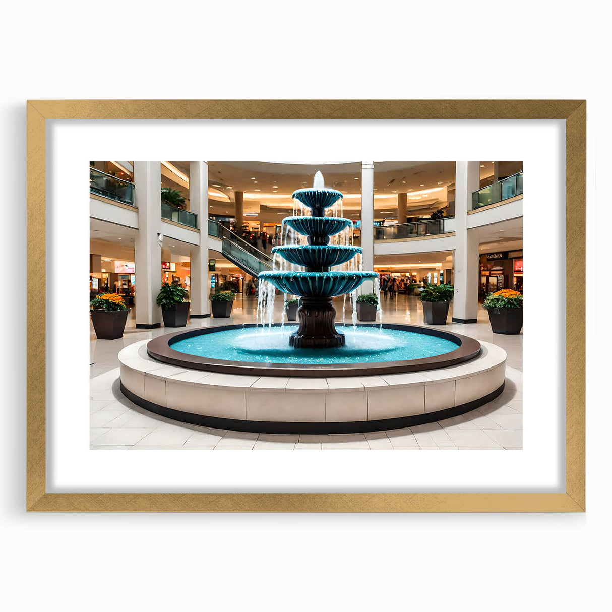 Extra large abstract art print featuring textured fountain design in gold frame, ideal for living room decor.