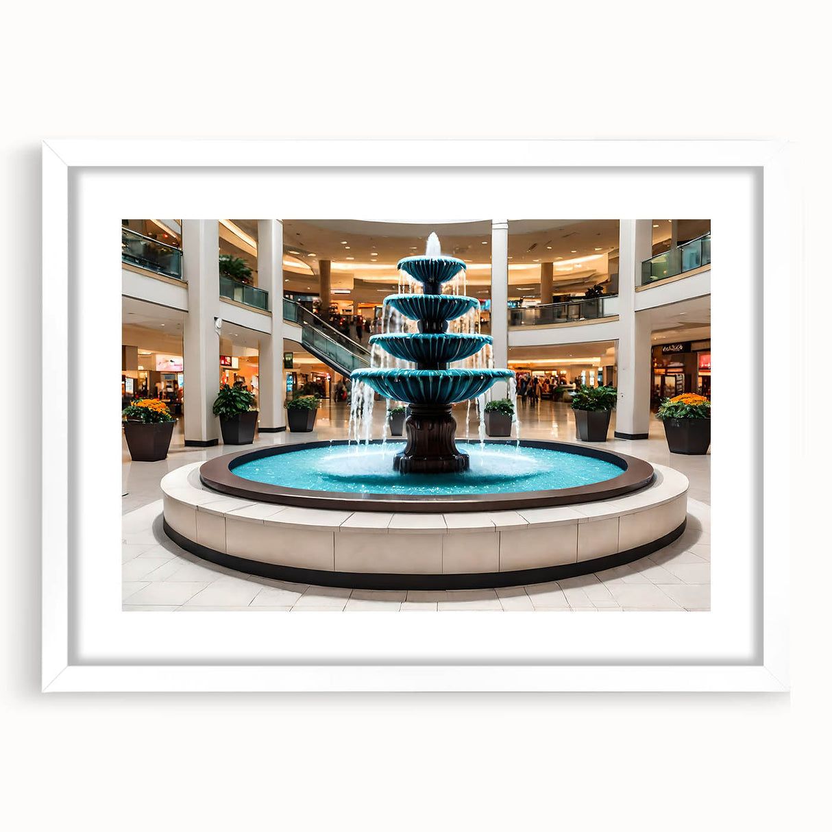 Abstract art print featuring swirling blue and white patterns, framed with a white mat.