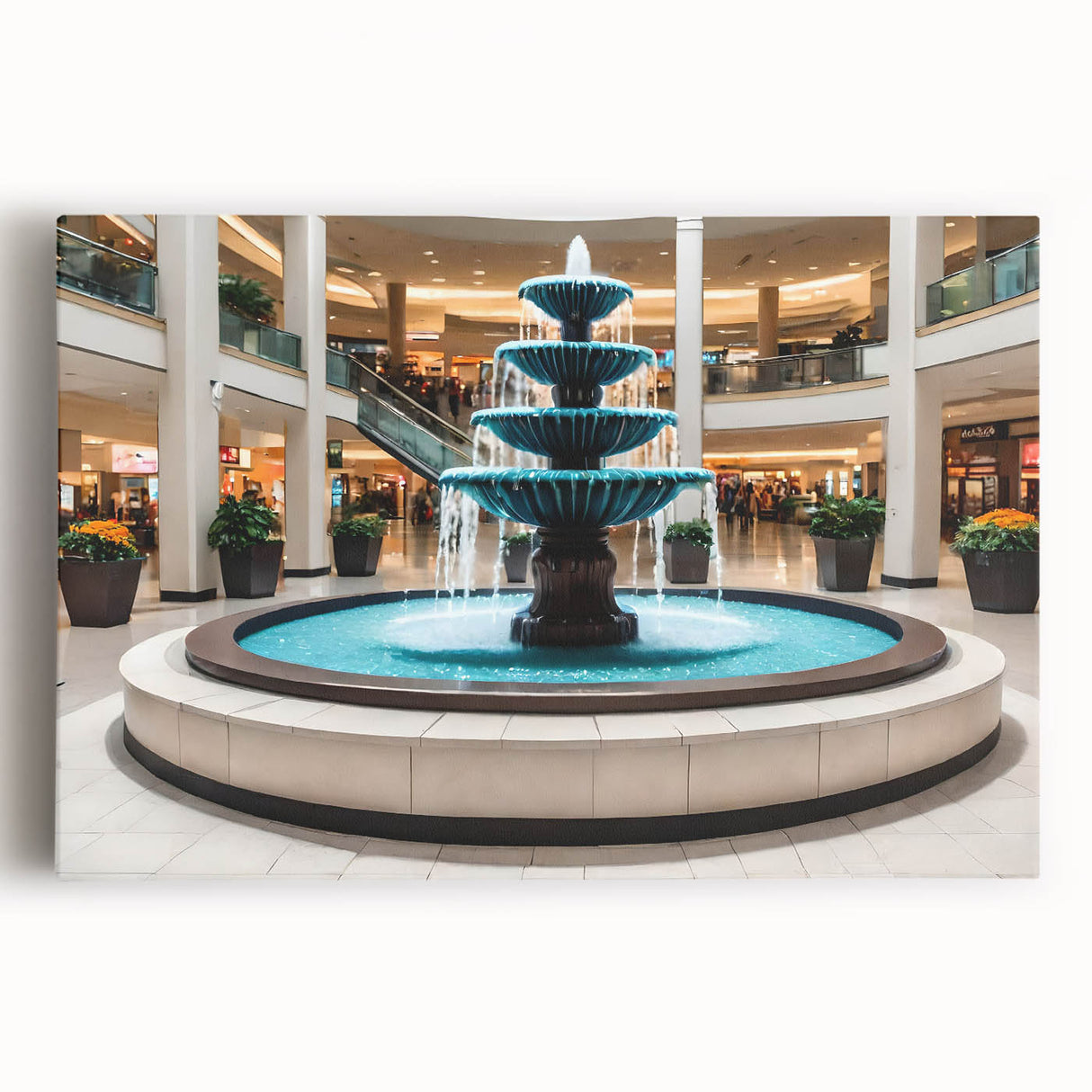 Black and white large art print of a fountain design on stretched canvas, suitable for kitchen wall art.