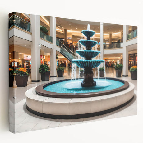 Side view of a large stretched canvas featuring a monochrome architectural fountain design, suitable for kitchen wall art.