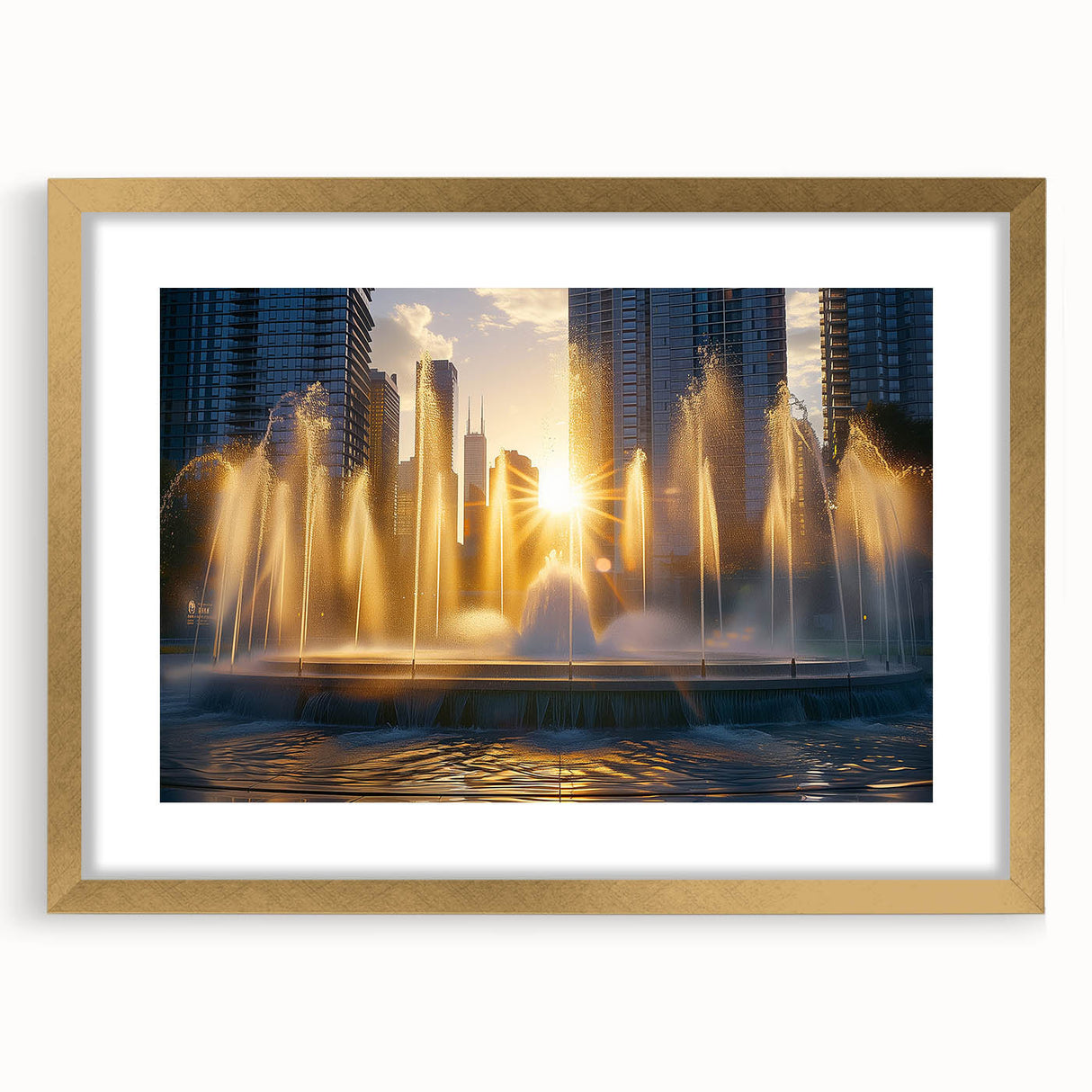 Extra large abstract art print featuring a textured fountain design in muted gold and beige tones, framed with a gold mat.