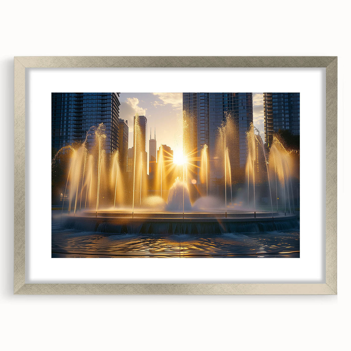 Textured abstract art print featuring a monochrome architectural fountain design, framed in silver, suitable for bedroom art.