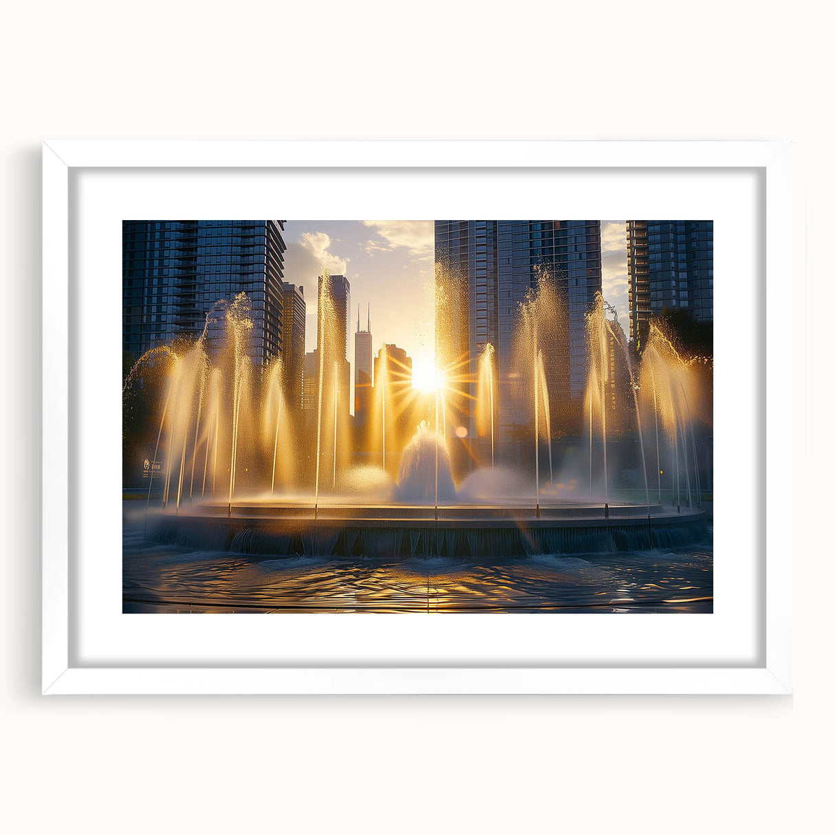 Abstract art print featuring a monochrome architectural fountain design on a white framed mat.