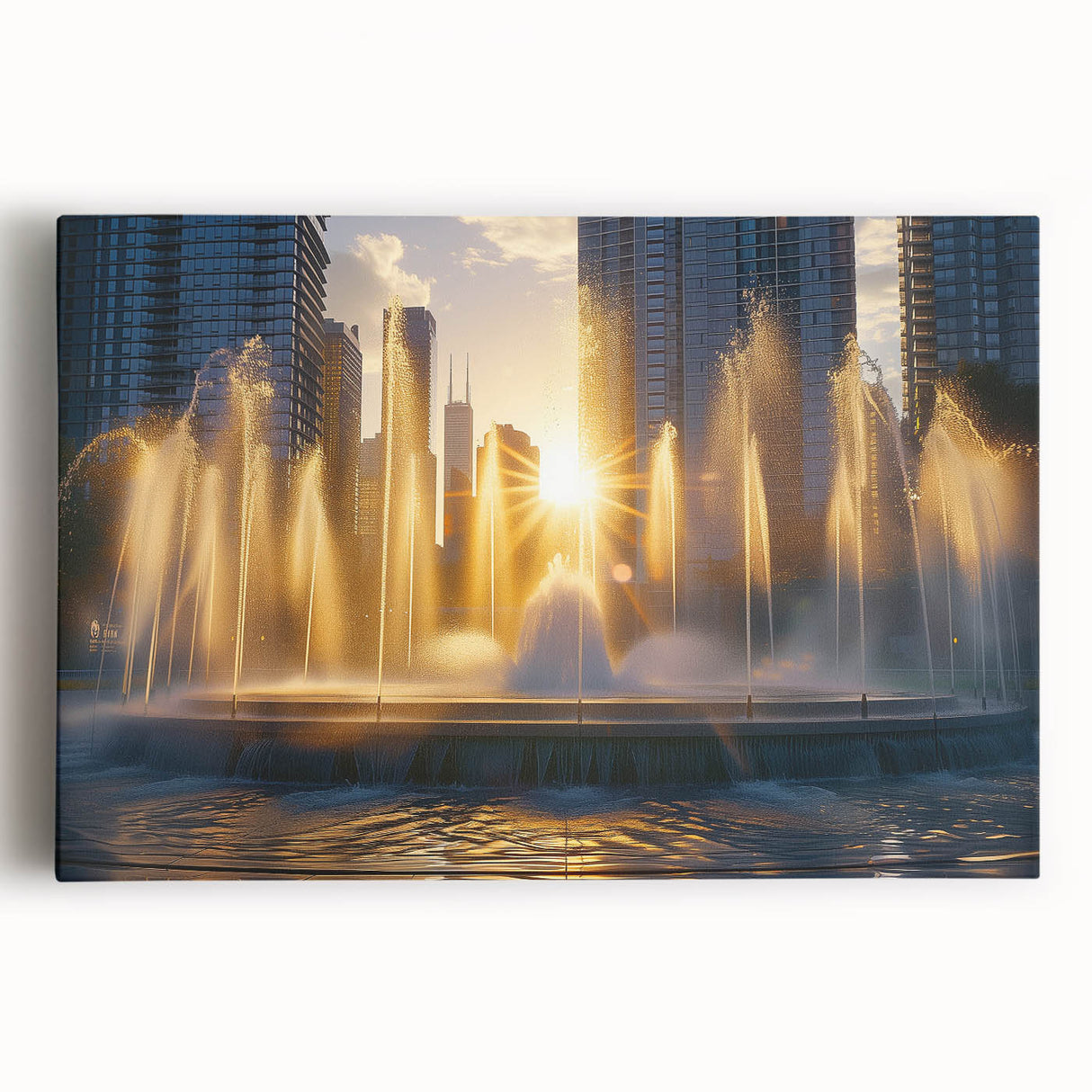 Black and white photo of a classical fountain on stretched canvas, ideal for kitchen wall art.