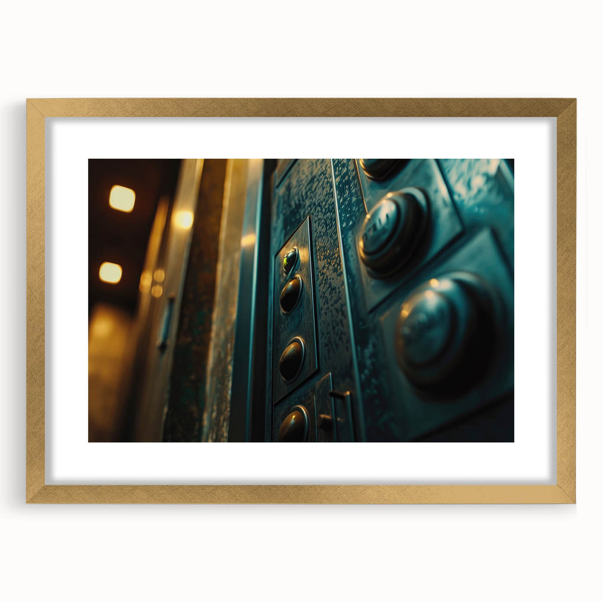 Textured abstract art print in earth tones, framed in gold, ideal for bedroom art.