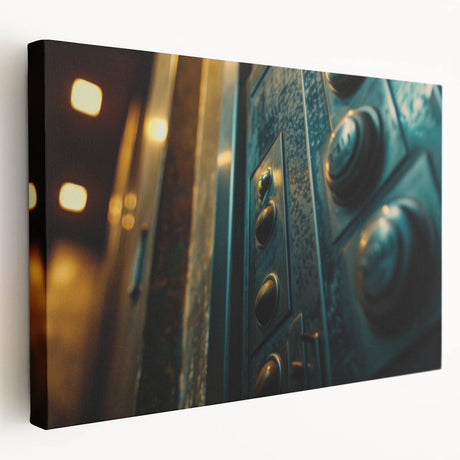 Large art depicting a detailed architectural blueprint in muted blue tones on stretched canvas.