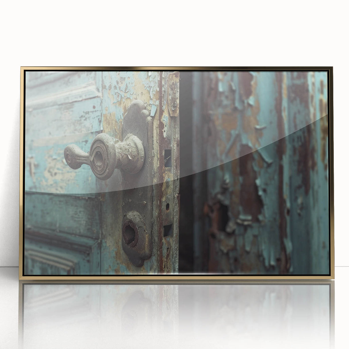 Mid-century modernist art depicting geometric shapes in gold and black on a framed acrylic.