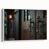 Framed canvas featuring a black and white vintage poster of architectural designs, ideal for bedroom wall art.