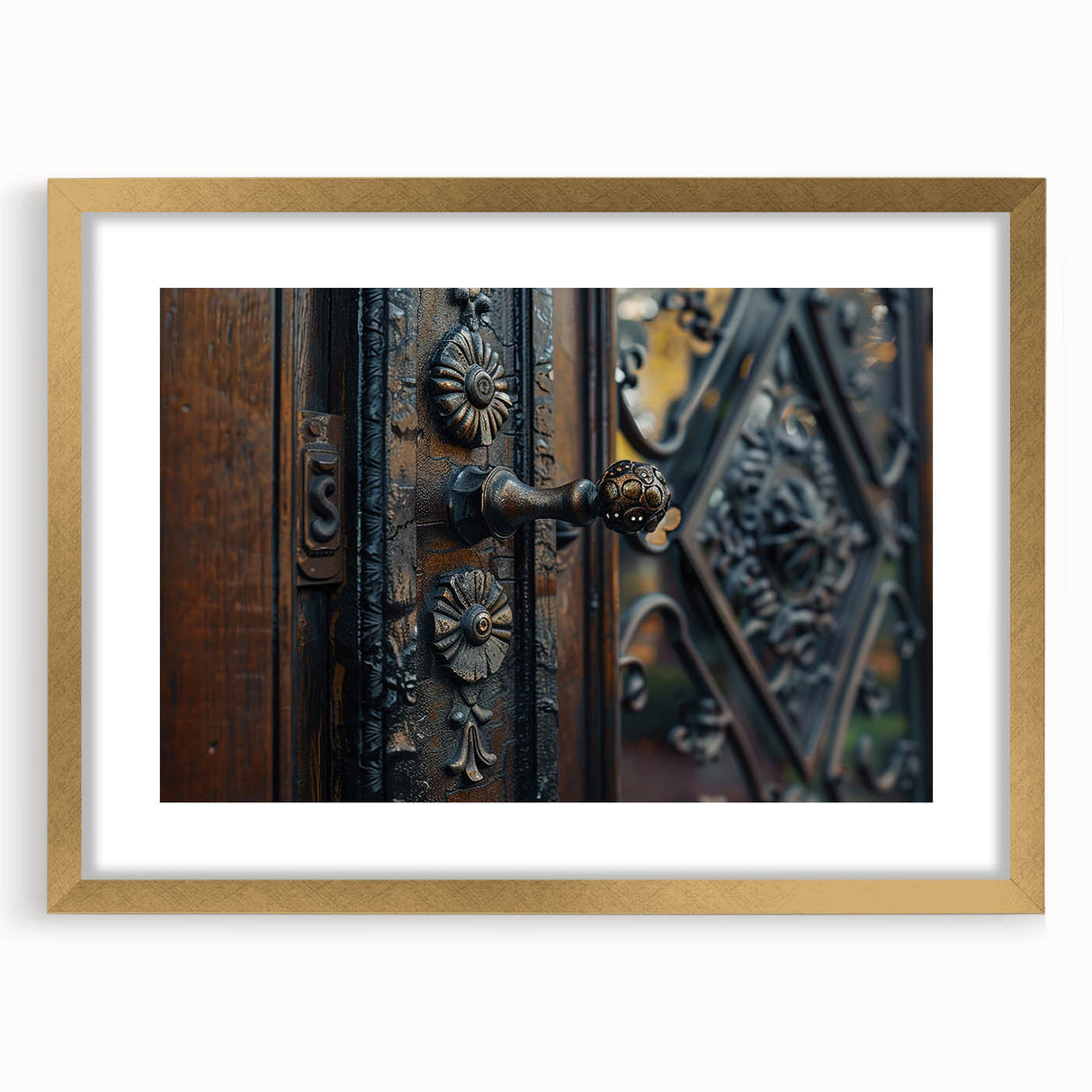 Textured abstract art print in muted gold and white, framed in gold, ideal for bedroom wall decor.