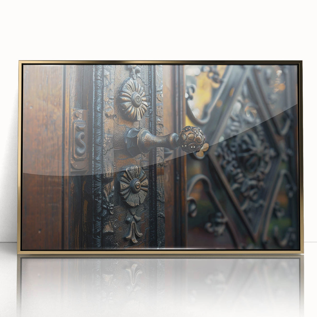 Mid-century modernist art depicting geometric shapes in gold and black on a framed acrylic, suitable for nursery wall decor.