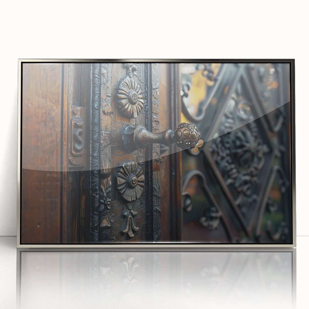 Art Deco poster featuring geometric patterns in silver and black on acrylic, ideal for modern art wall decor or a nursery.