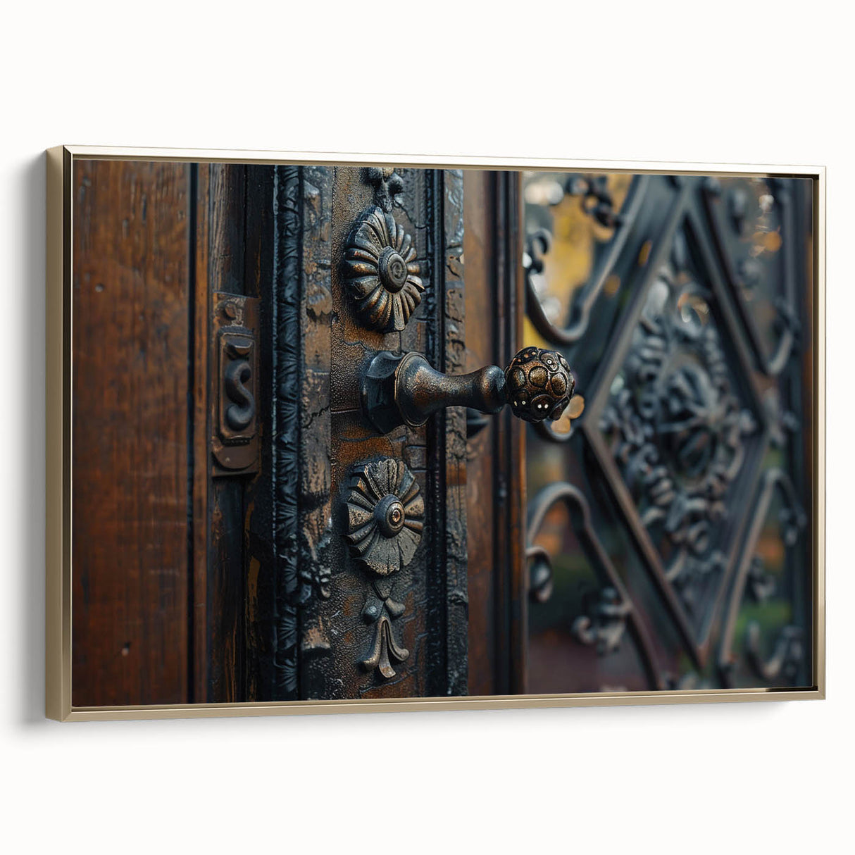 Framed canvas featuring a black and colorful vintage landscape painting.