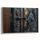 Vintage poster art of architectural hardware designs on a silver framed canvas, featuring black and colorful elements.