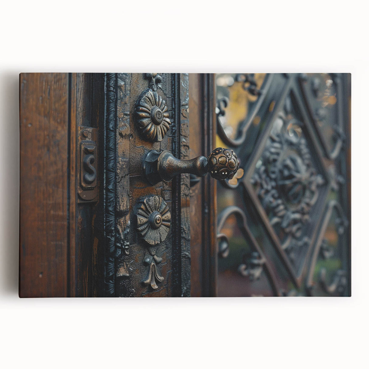 Large black and white photo of architectural hardware on stretched canvas, suitable for kitchen wall art.