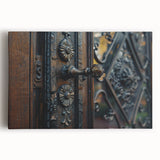 Large black and white photo of architectural hardware on stretched canvas, suitable for kitchen wall art.