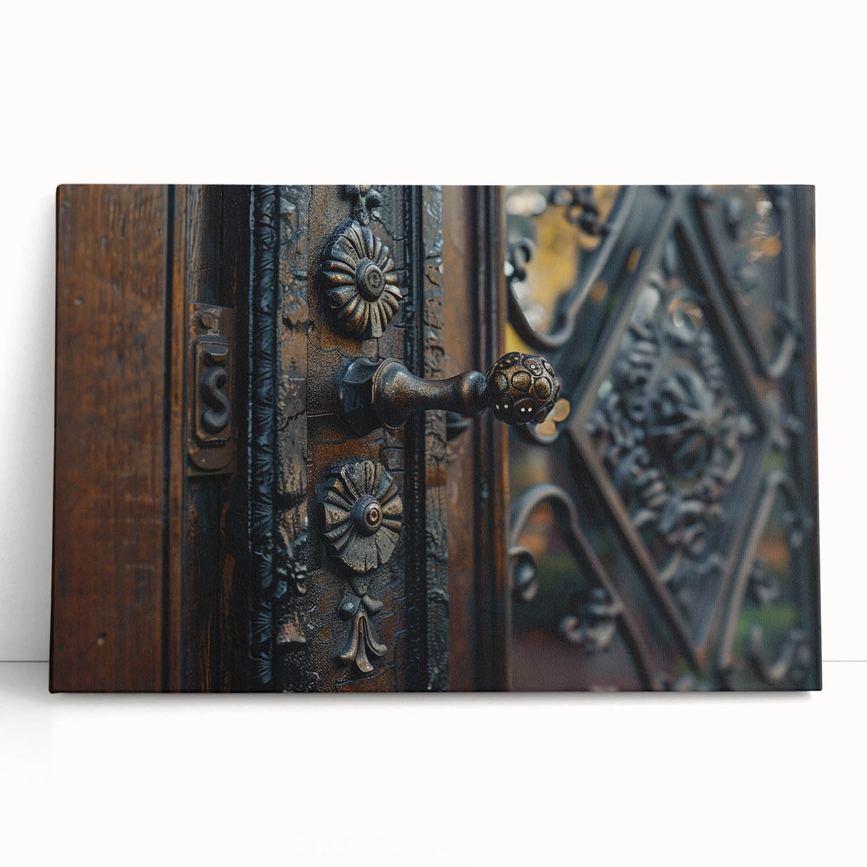 Large black and white photo of architectural details on stretched canvas, ideal for kitchen wall art.