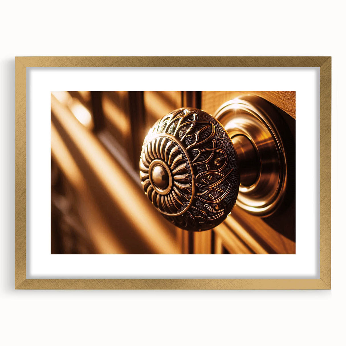 Textured abstract art print in gold tones on a framed canvas, ideal for bedroom ambiance.