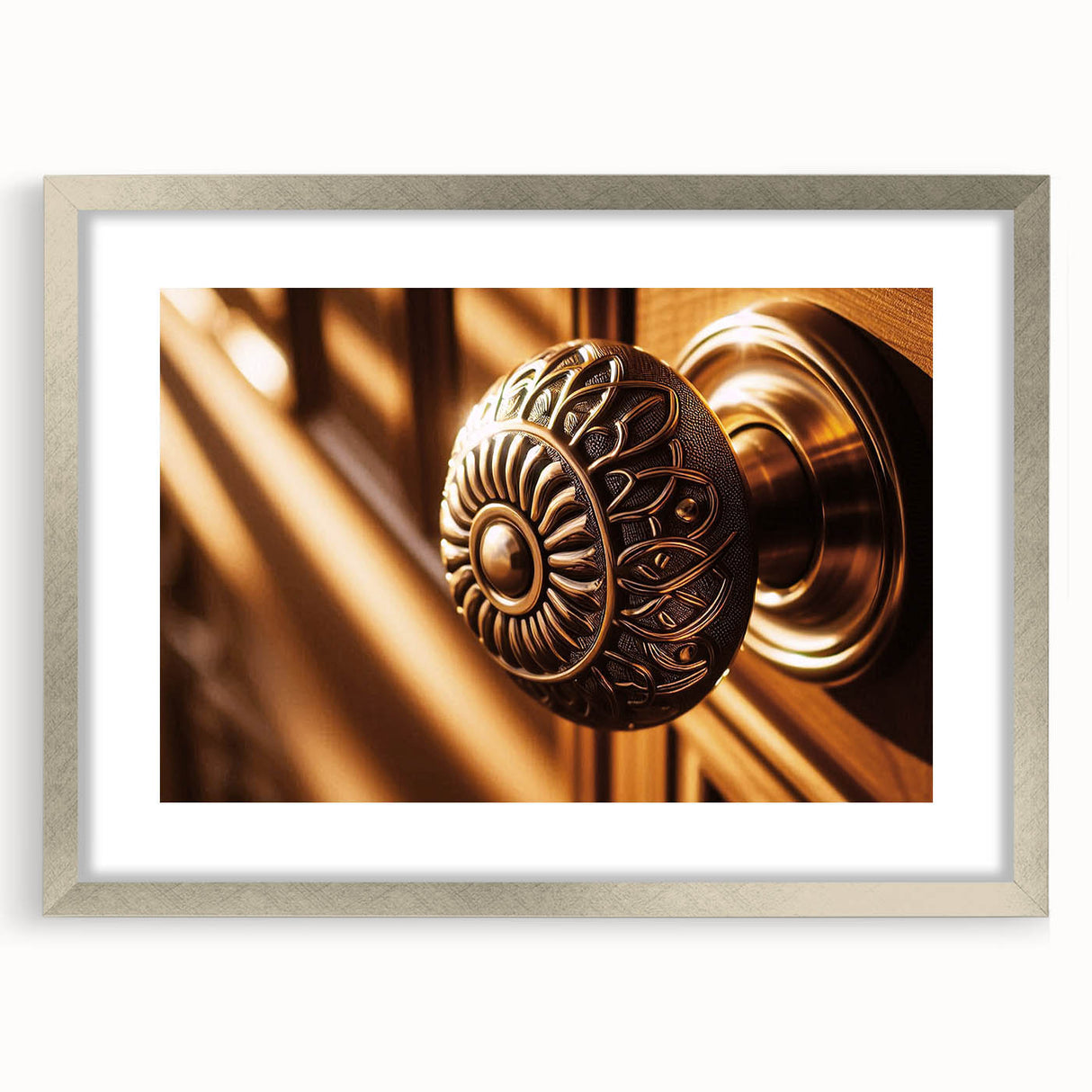 Abstract art print featuring swirling metallic tones in a silver frame, ideal for dining room or bedroom decor.