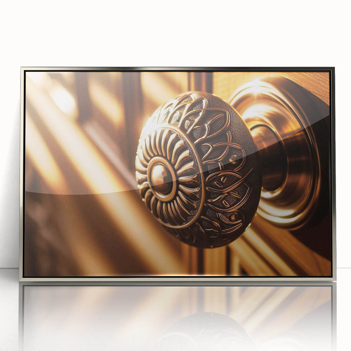Art Deco poster featuring symmetrical architectural design in silver tones on acrylic.