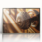 Art Deco poster featuring symmetrical architectural design in silver tones on acrylic.
