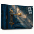 Large abstract wall art on acrylic glass, featuring dynamic swirls in deep blue and white.