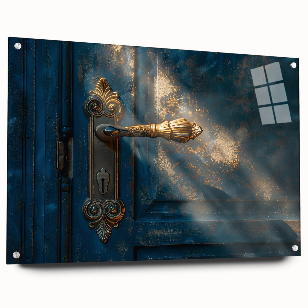 Large abstract wall art on acrylic glass, featuring dynamic swirls in deep blue and white.
