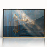 Mid-century modernist art deco poster depicting an abstract cityscape in muted gold and gray tones, framed acrylic.