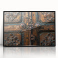 Large abstract wall art featuring geometric shapes in muted earth tones, framed in black acrylic.