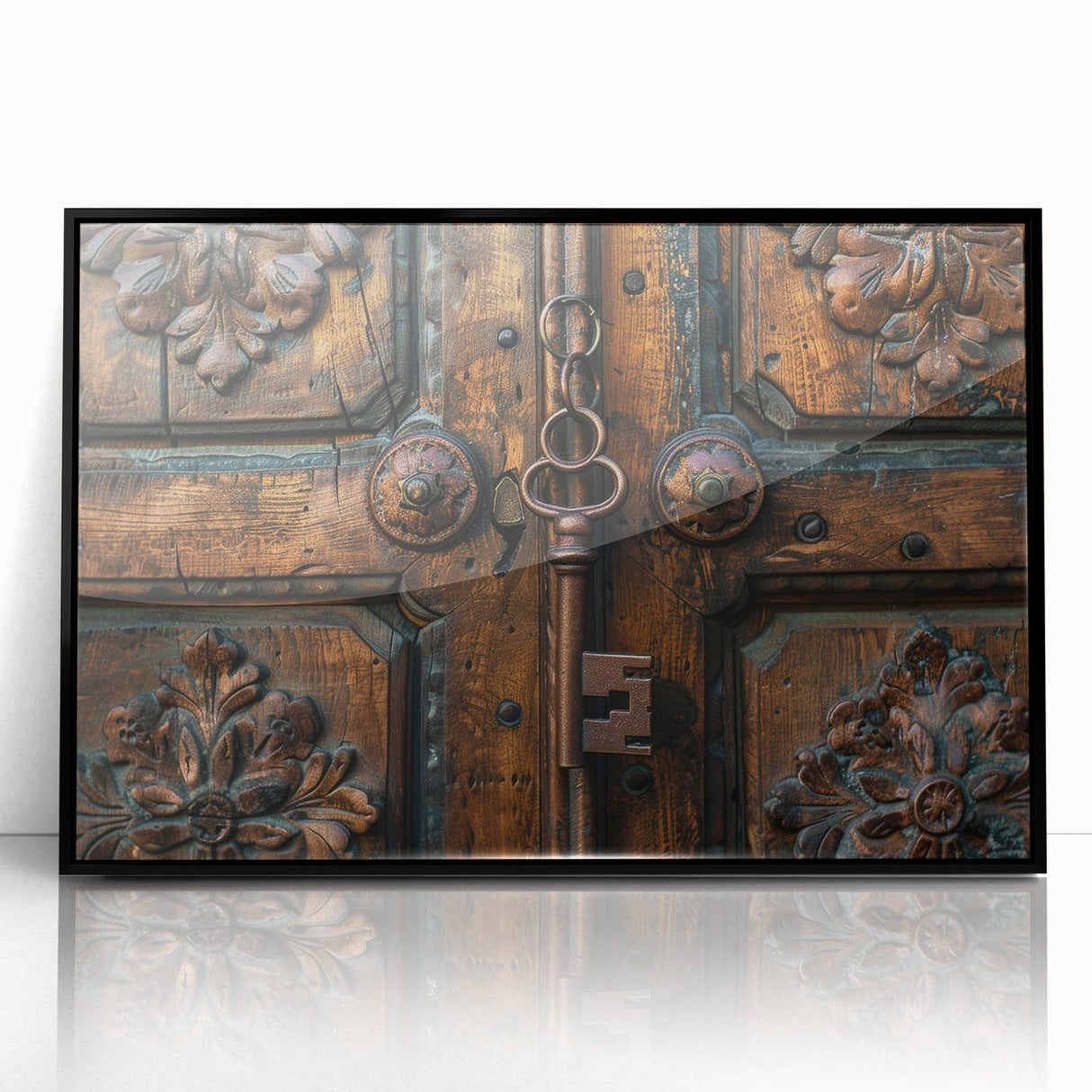 Large abstract wall art featuring geometric shapes in muted earth tones, framed in black acrylic.