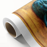 Art Deco poster of a stylized building in muted gold and navy, printed on rolled canvas.