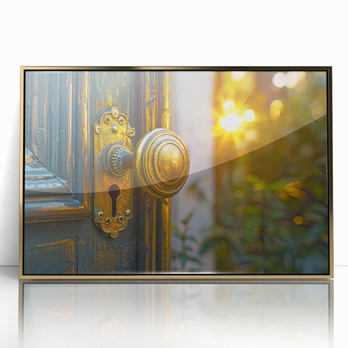 Mid-century modernist art of architectural hardware in gold tones on acrylic print, suitable for nursery wall decor.