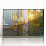 Mid-century modernist art of architectural hardware in gold tones on acrylic print, suitable for nursery wall decor.