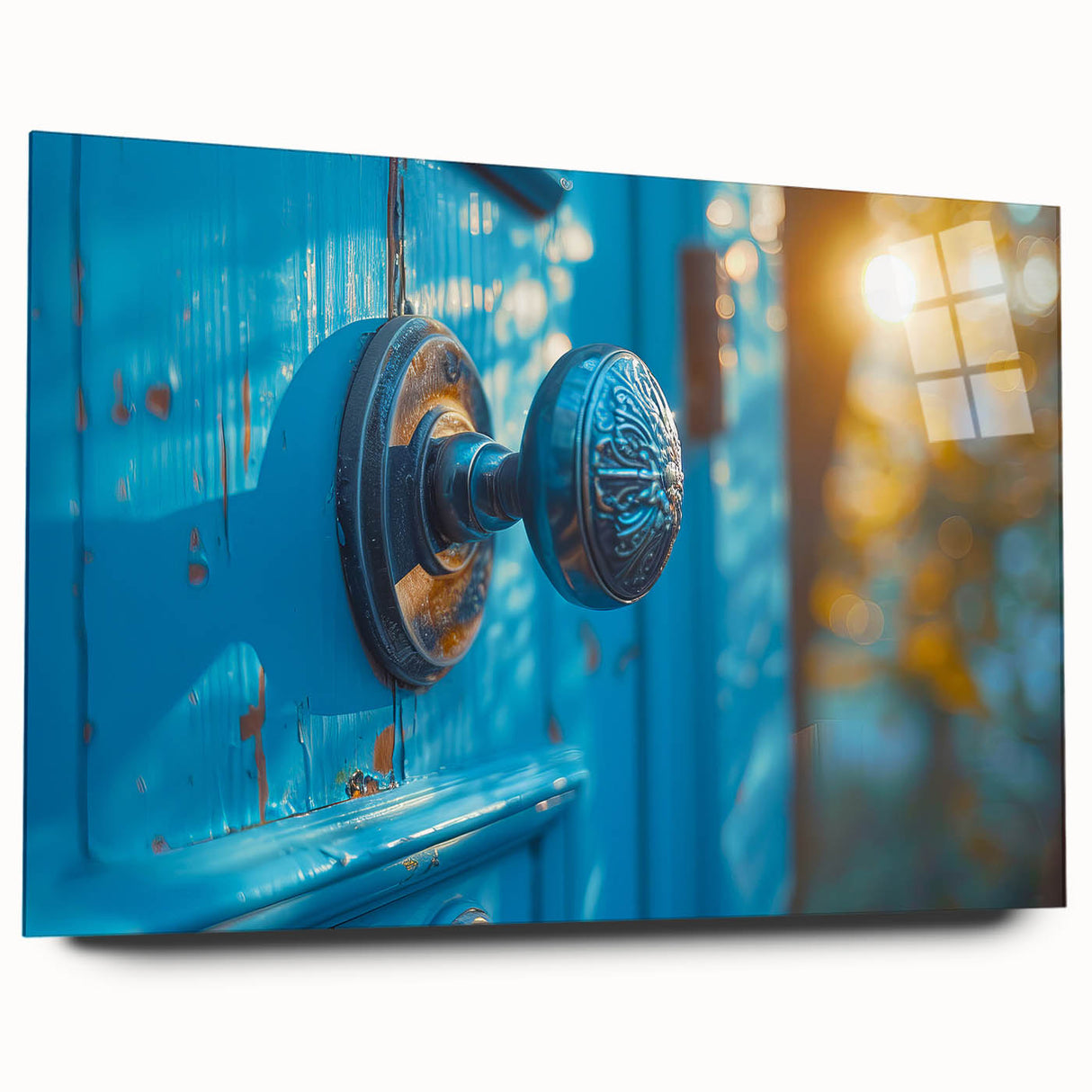 Large abstract wall art in blue and gray tones on acrylic, ideal for bedroom or dining room decor.
