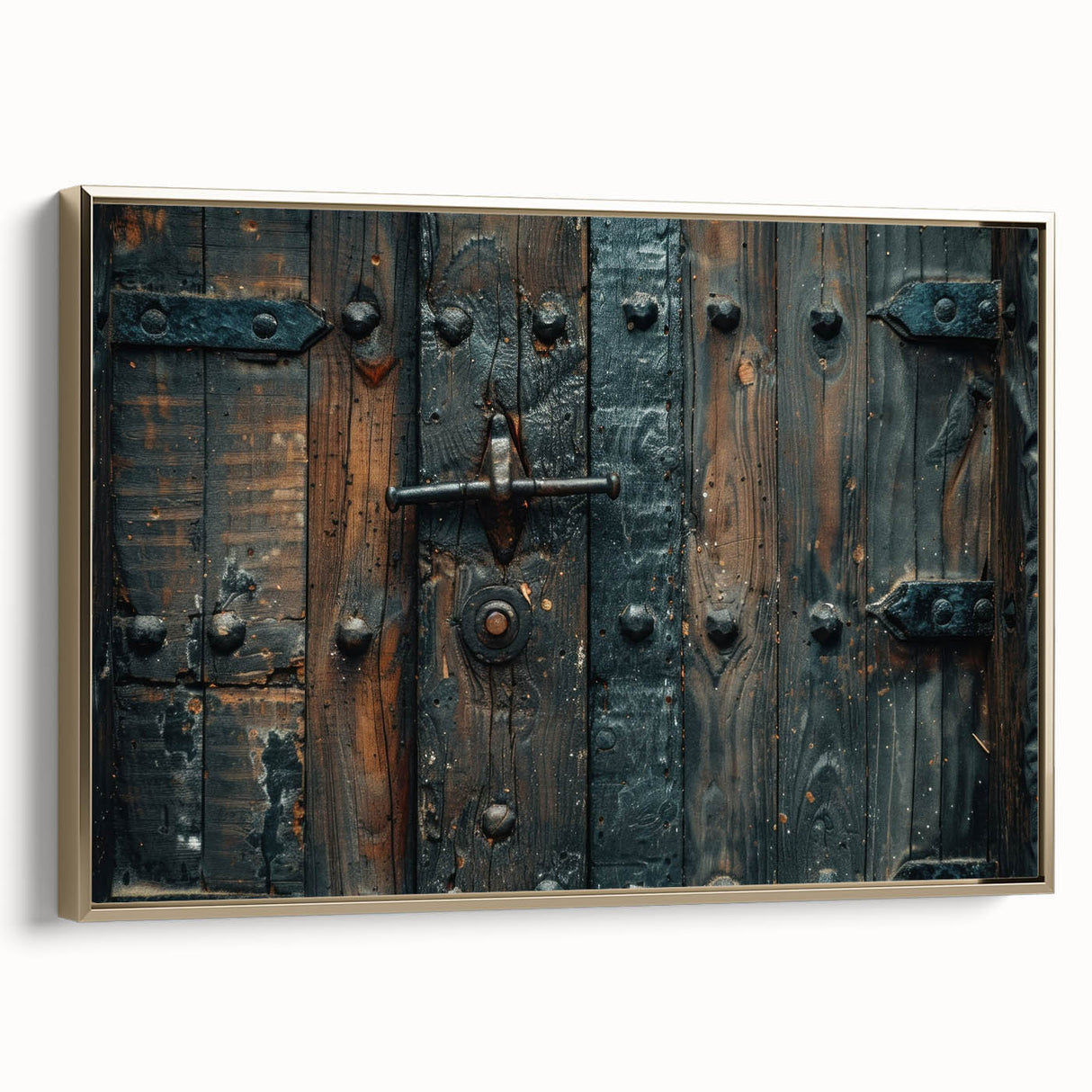 Landscape art painting of a vintage cityscape in muted gold and black hues on a framed canvas, suitable for office decor.