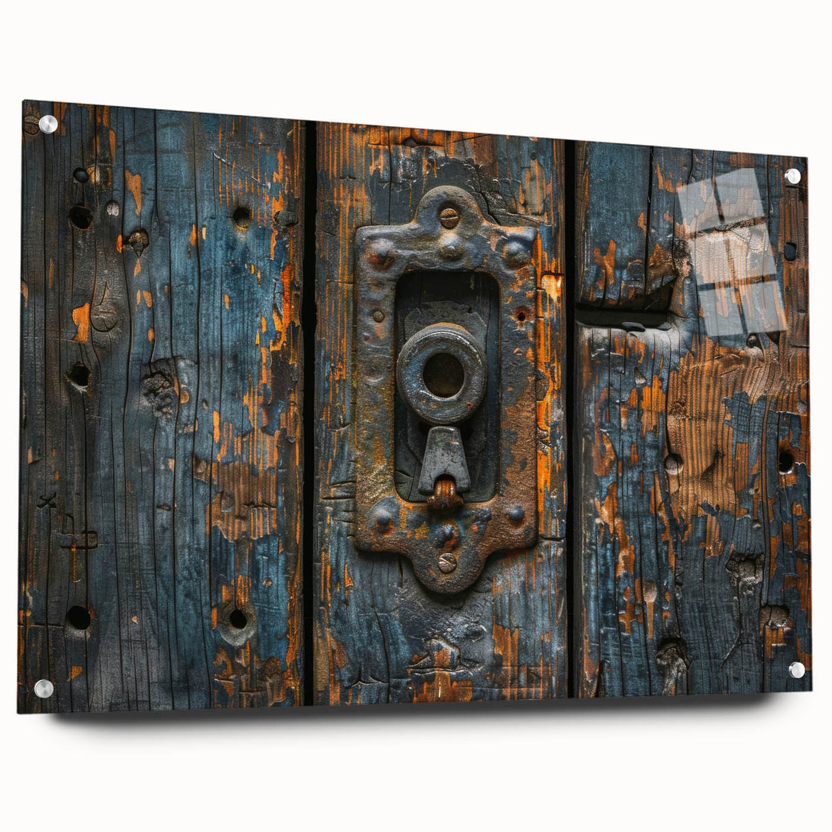 Large abstract wall art on acrylic glass depicting swirls in shades of blue and gray.