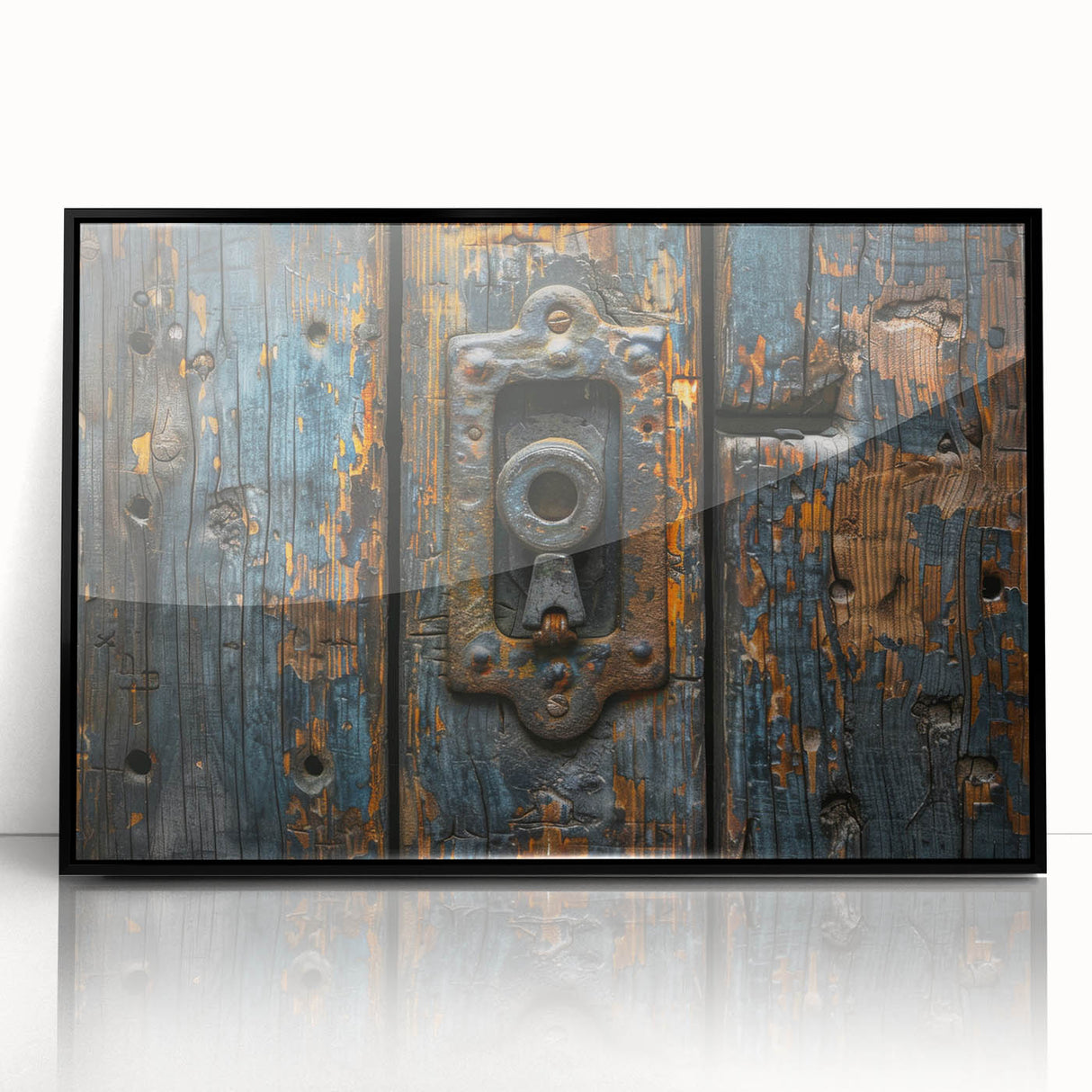 Large abstract wall art featuring geometric shapes in muted earth tones, framed in black acrylic.