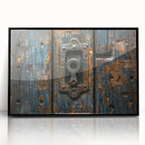 Large abstract wall art featuring geometric shapes in muted earth tones, framed in black acrylic.