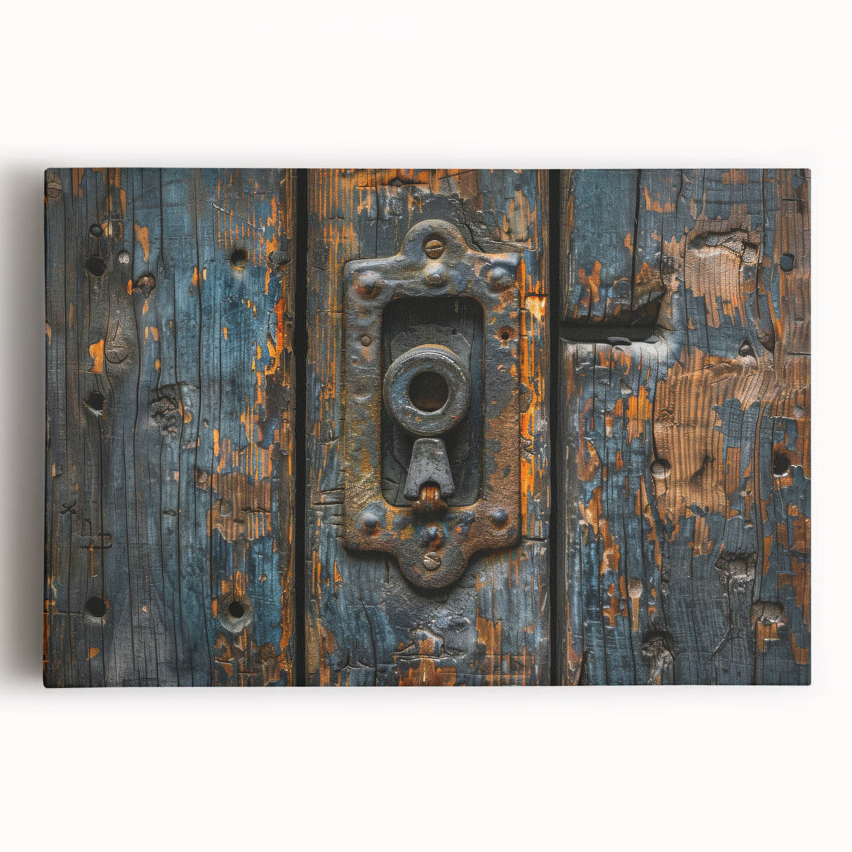 Large black and white photo of architectural hardware on stretched canvas, ideal for kitchen wall art.