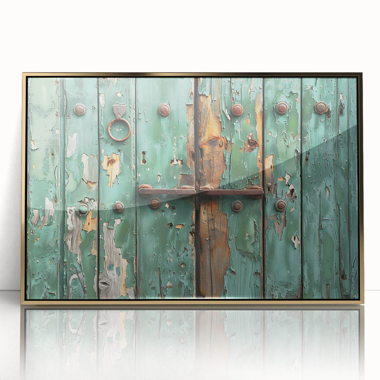 Mid-century modernist art deco poster featuring geometric shapes in gold and black, acrylic framed.