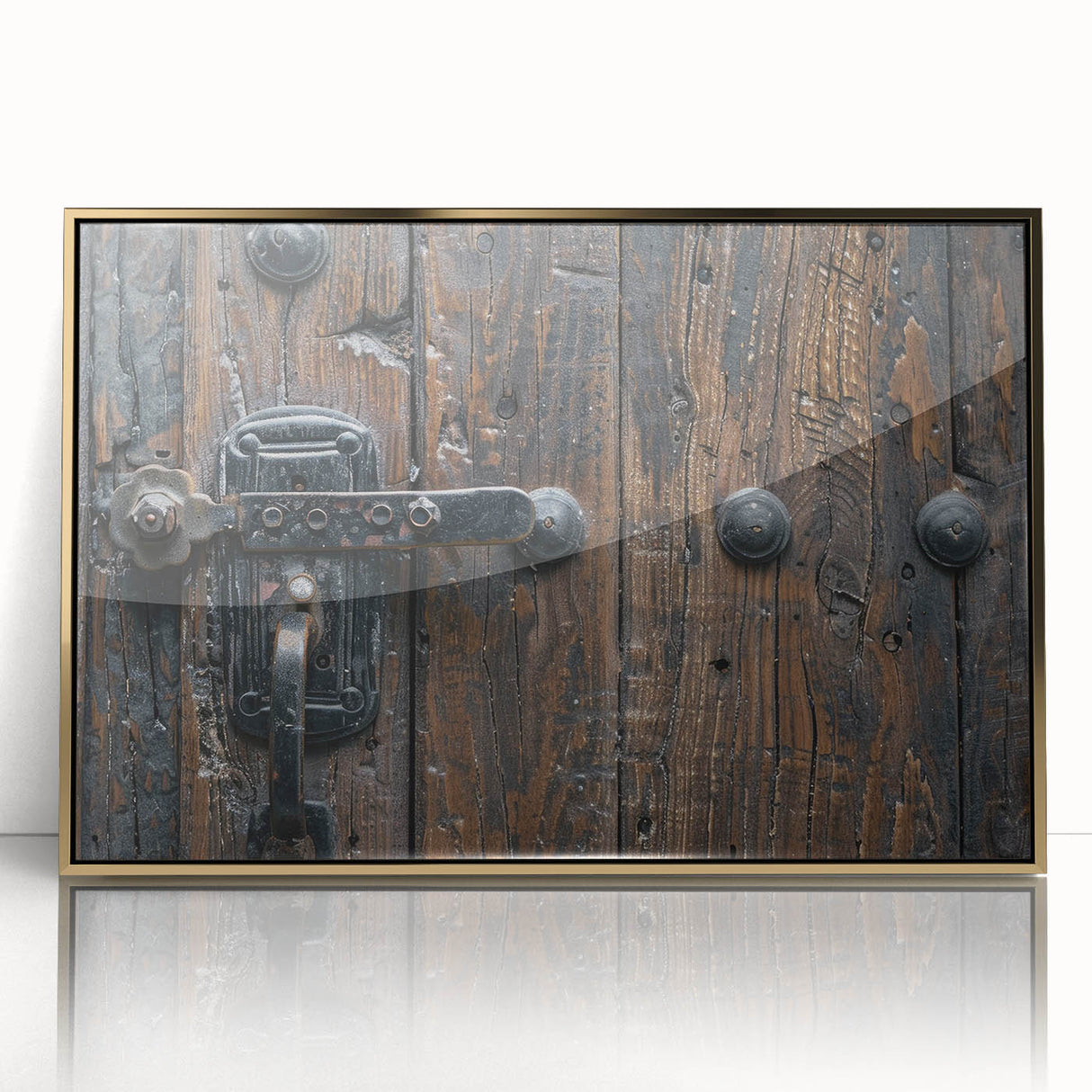 Mid-century modernist art depicting geometric shapes in gold and black on an acrylic print, suited for modern art wall decor.