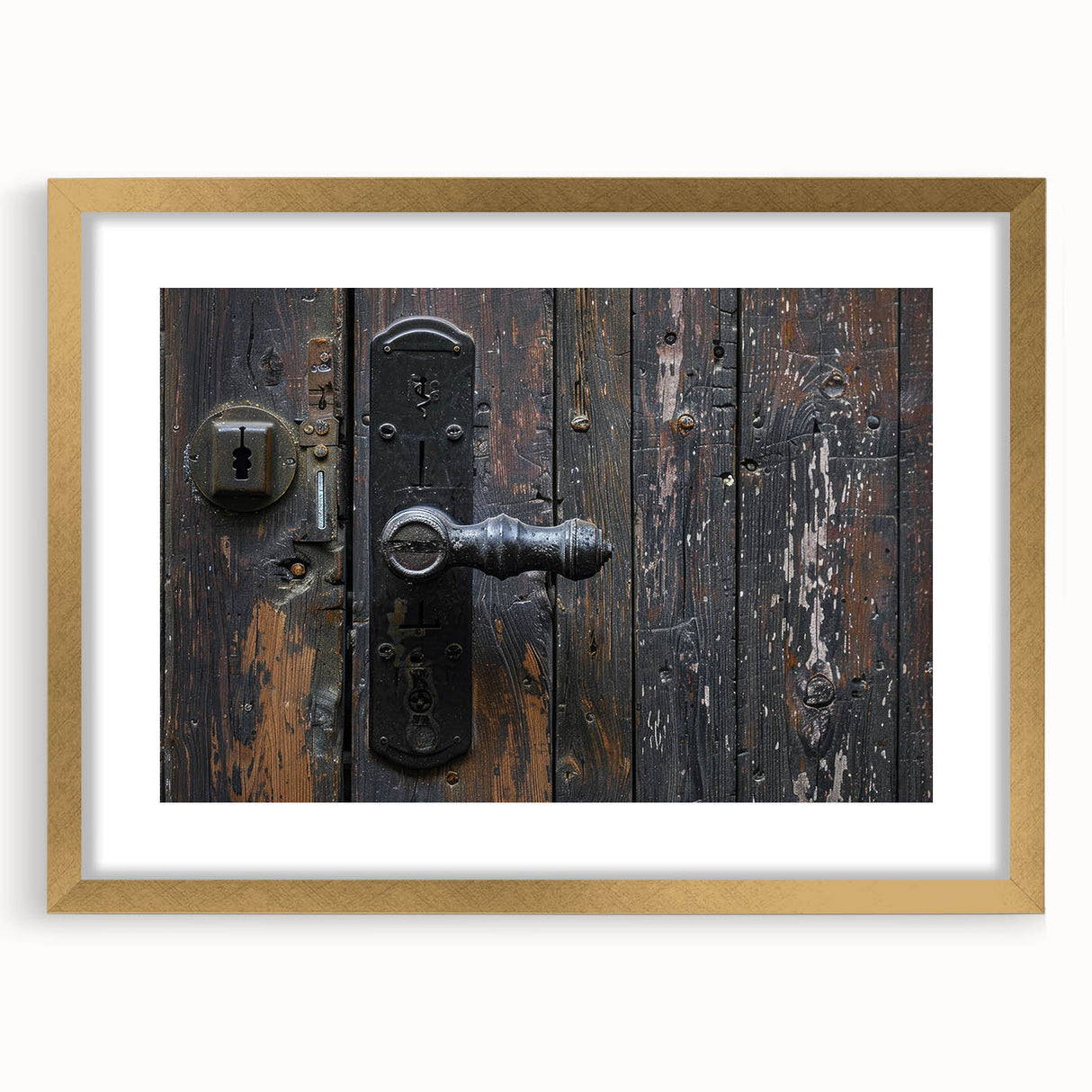 Textured abstract art print in muted gold and beige, framed in gold, suitable for bedroom decor.