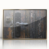 Mid-century modernist art of geometric shapes in gold and black acrylic, framed, ideal for modern art wall decor.