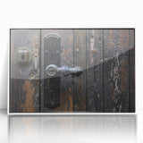 Large art print of mid-century modernist architecture in muted gray, framed in white acrylic.