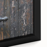 Extra large framed canvas featuring textured, colorful art of architectural hardware designs in black.